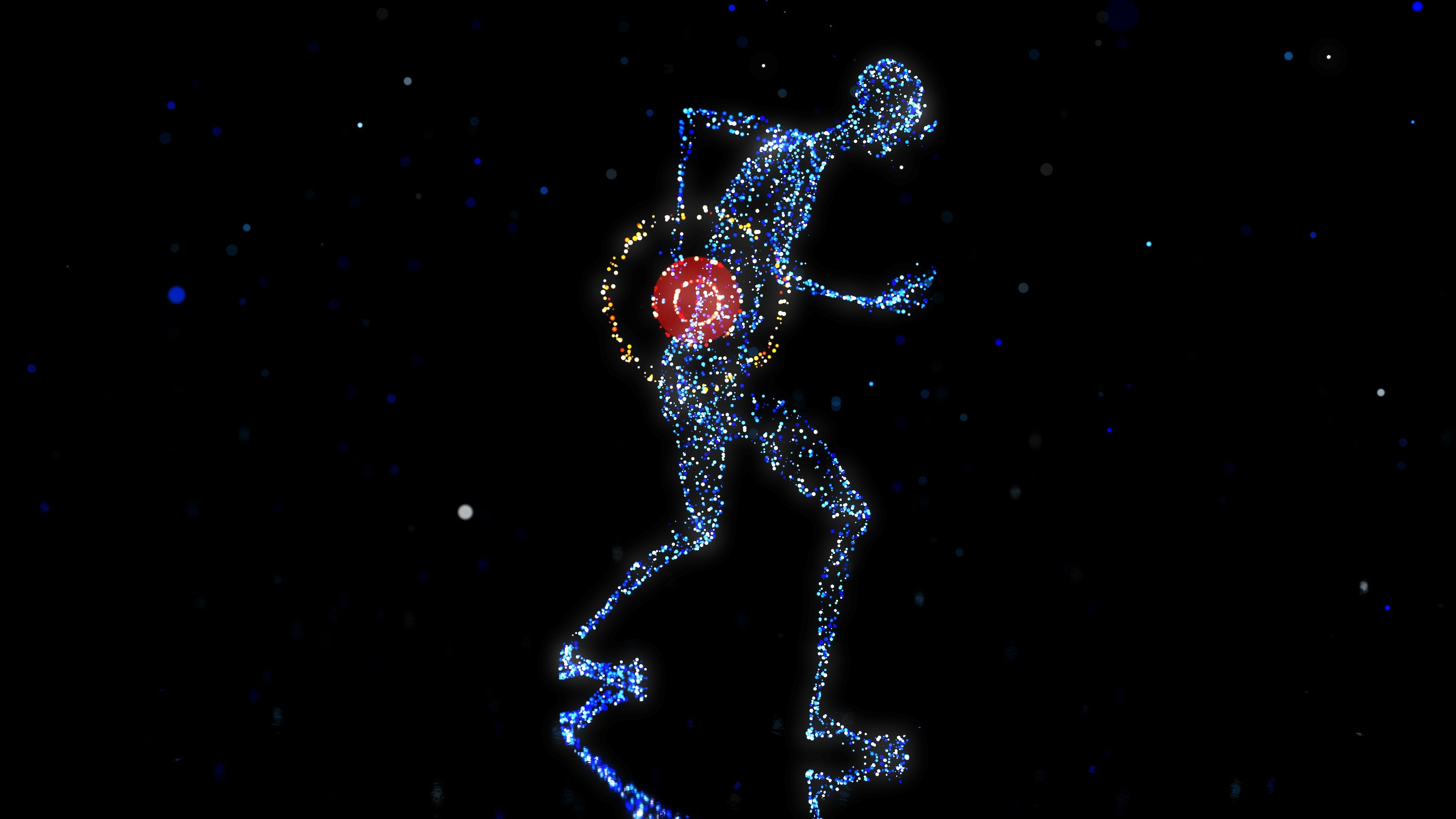 Neon dotted silhouette of a basketball player mid-dunk, made of blue glowing points with a red ball and yellow ring against a dark background.